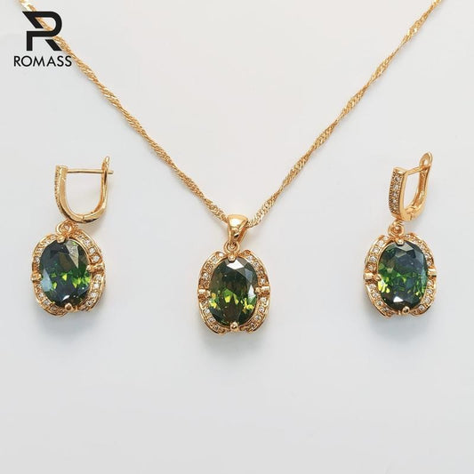 ROMASS Marlu Olive Green Amethyst Zirconia Jewelry Set - 18K Gold Plated Sterling Silver Necklace & Earrings for Women, Hypoallergenic Luxury Gift (Birthday, Anniversary) | Tarnish-Resistant & California Prop 65 Certified