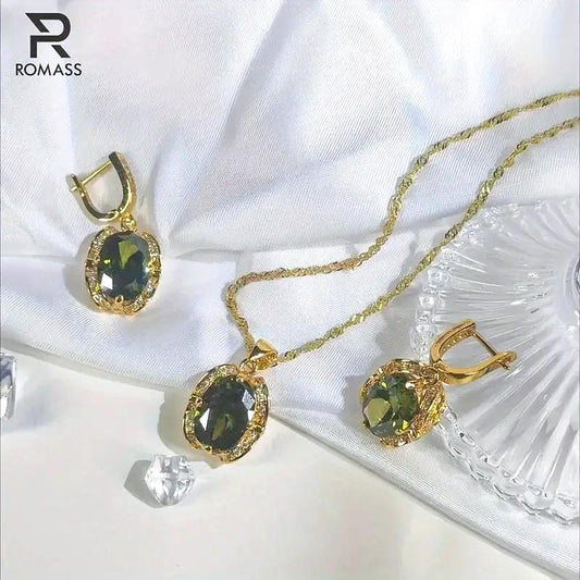 ROMASS Marlu Olive Green Amethyst Zirconia Jewelry Set - 18K Gold Plated Sterling Silver Necklace & Earrings for Women, Hypoallergenic Luxury Gift (Birthday, Anniversary) | Tarnish-Resistant & California Prop 65 Certified