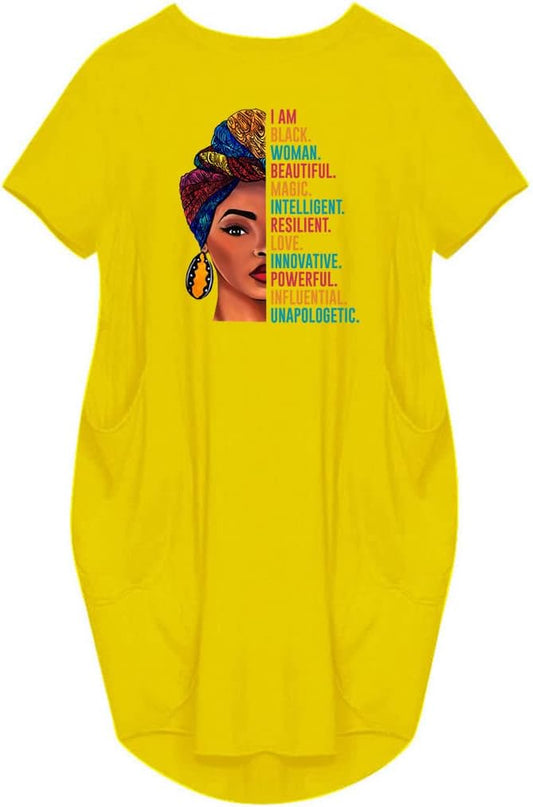 I Am Black Woman Beautiful Magic Short Sleeve Loose Pocket Oversize Tunic Dress